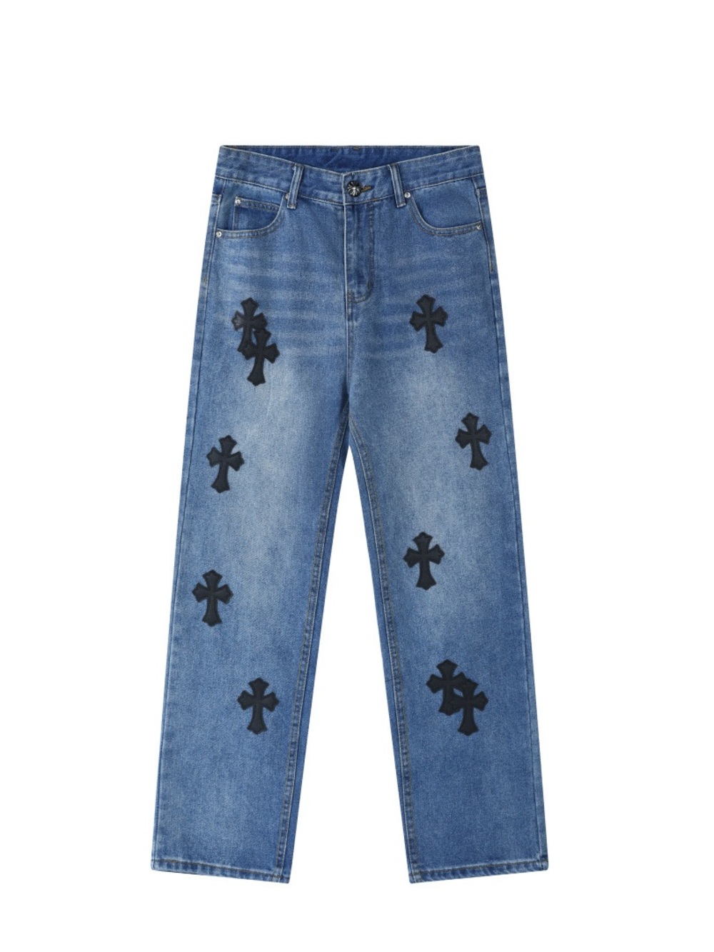Chrome Hearts Mid-Blue Straight Jeans with Black Cross Patches